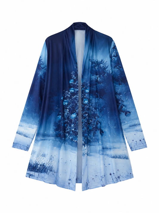 Women's Open Front Cardigan – Blue Christmas Tree Print